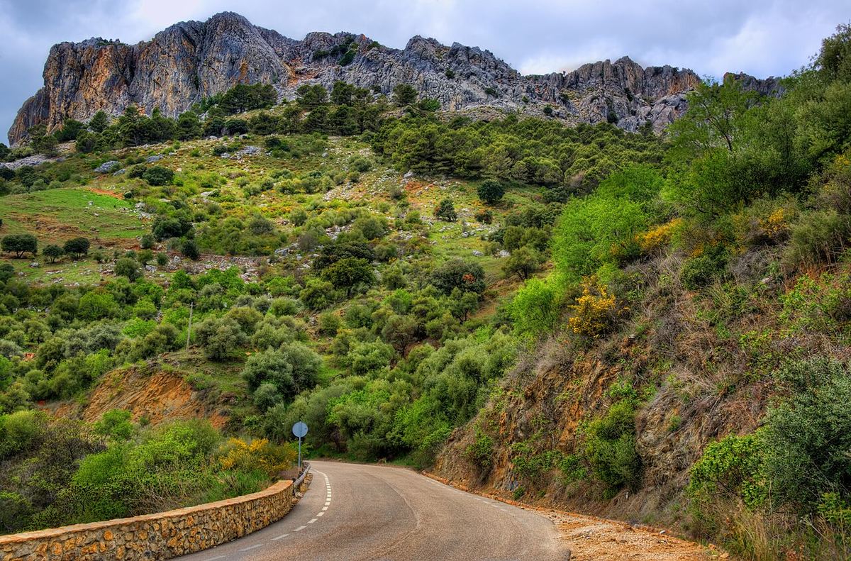 Carretera con curvas entre vegetación mediterránea al pie de una sierra caliza